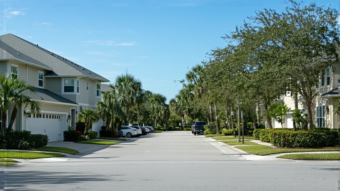Quiet street in a residential Palm Harbor neighborhood with craftsman-style homes and tidy yards on a sunny day.