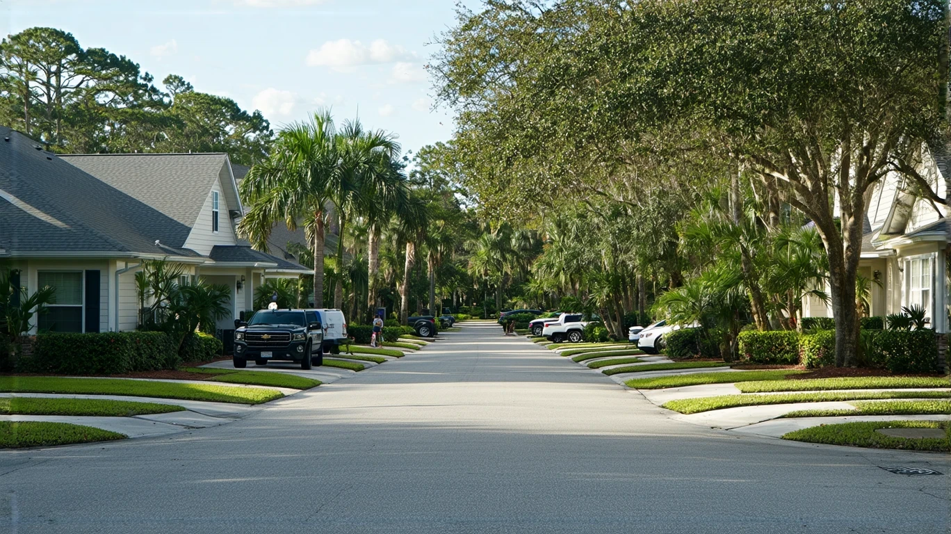 A peaceful street in a Palm Harbor neighborhood with craftsman-style homes and tidy landscaping.