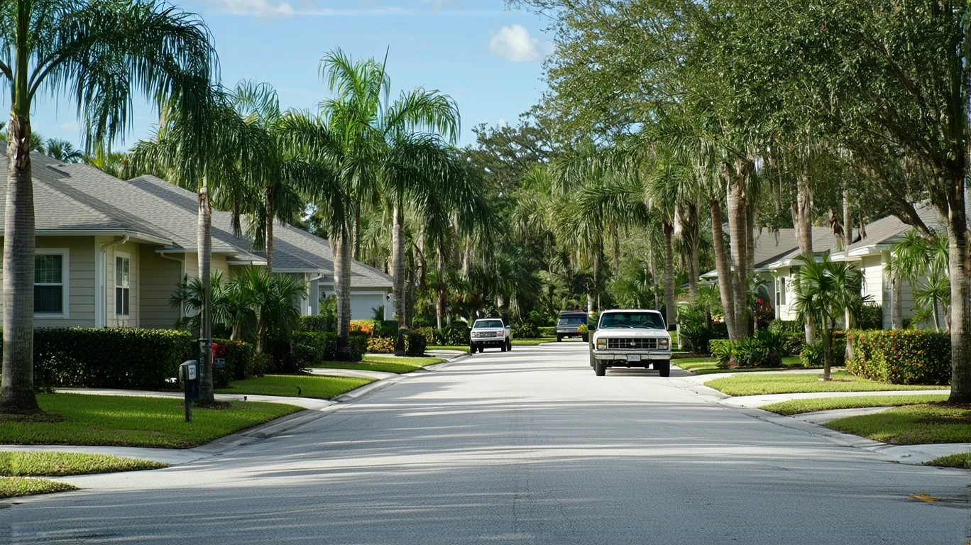 A sunny residential street in Palm Harbor, Florida lined with modest ranch homes and palm trees.