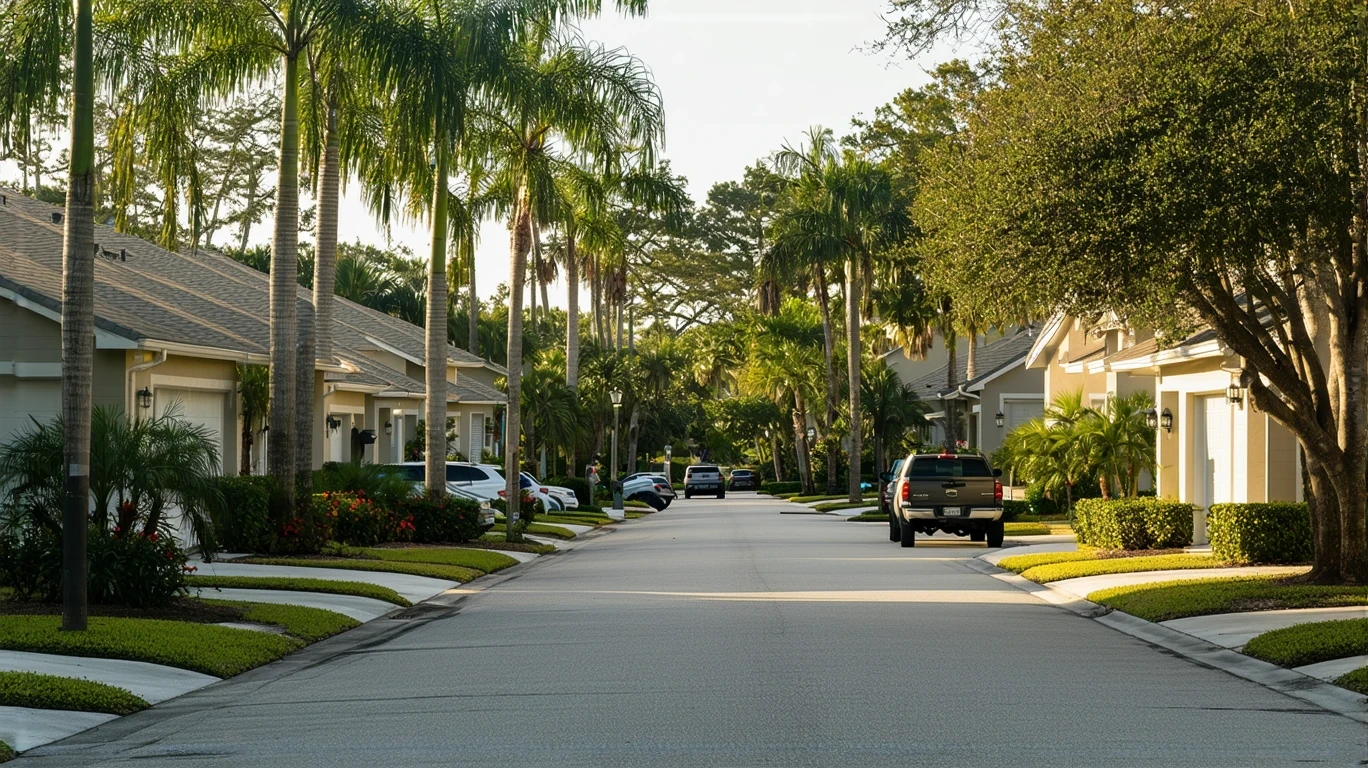 A sunny residential street in Palm Harbor, Florida lined with modest stucco homes and tropical landscaping.
