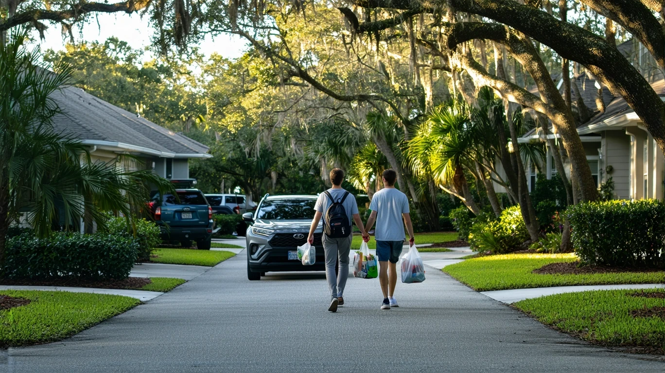 A couple carrying groceries up the walkway of a craftsman home in Palm Harbor, Florida
