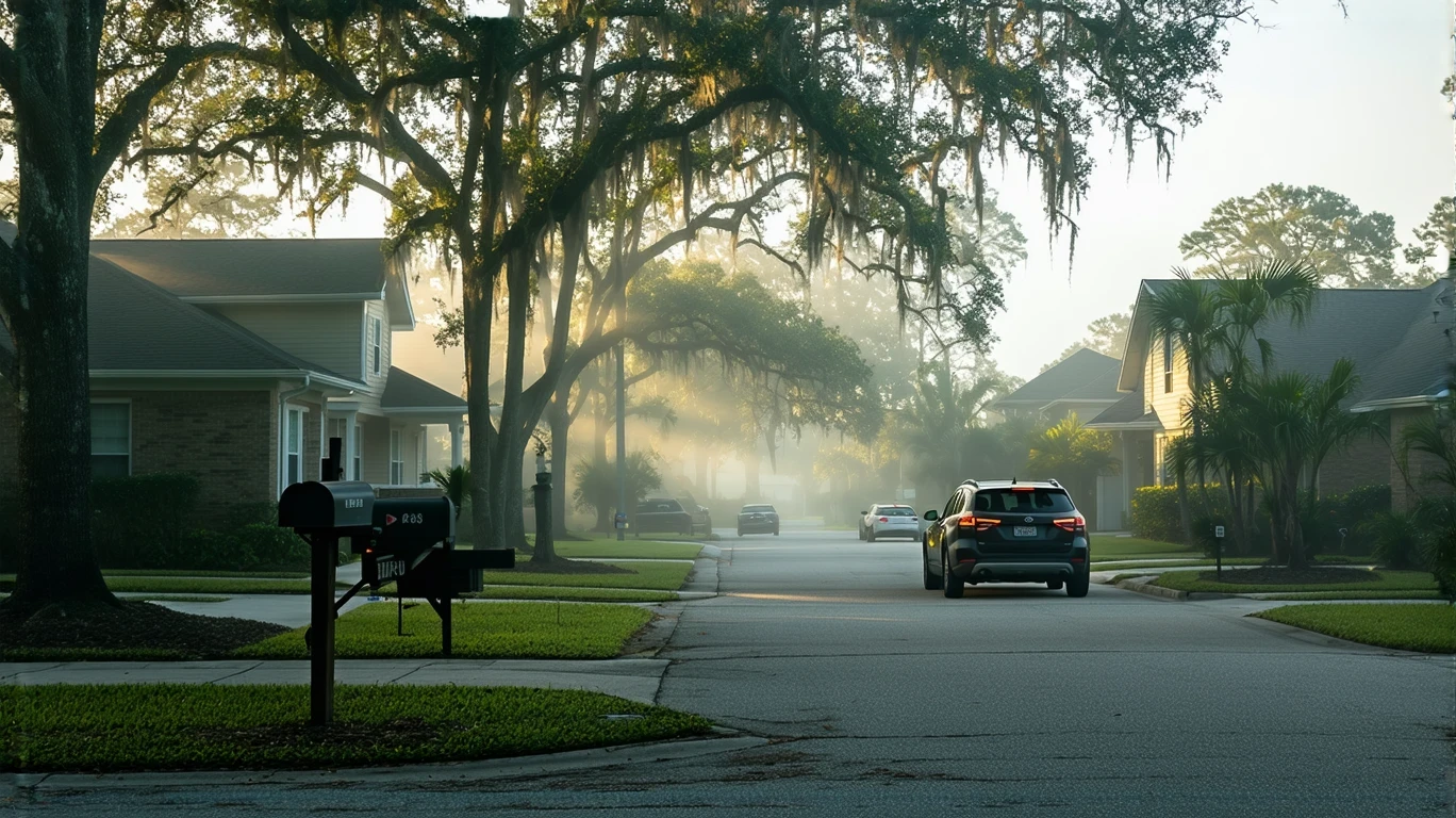 A foggy morning street in a Palm Harbor neighborhood with a car parked under a tree.