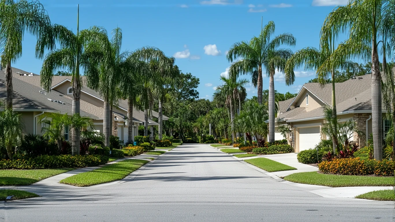 Quiet residential street in Palm Harbor, Florida with stucco homes and tidy landscaping.