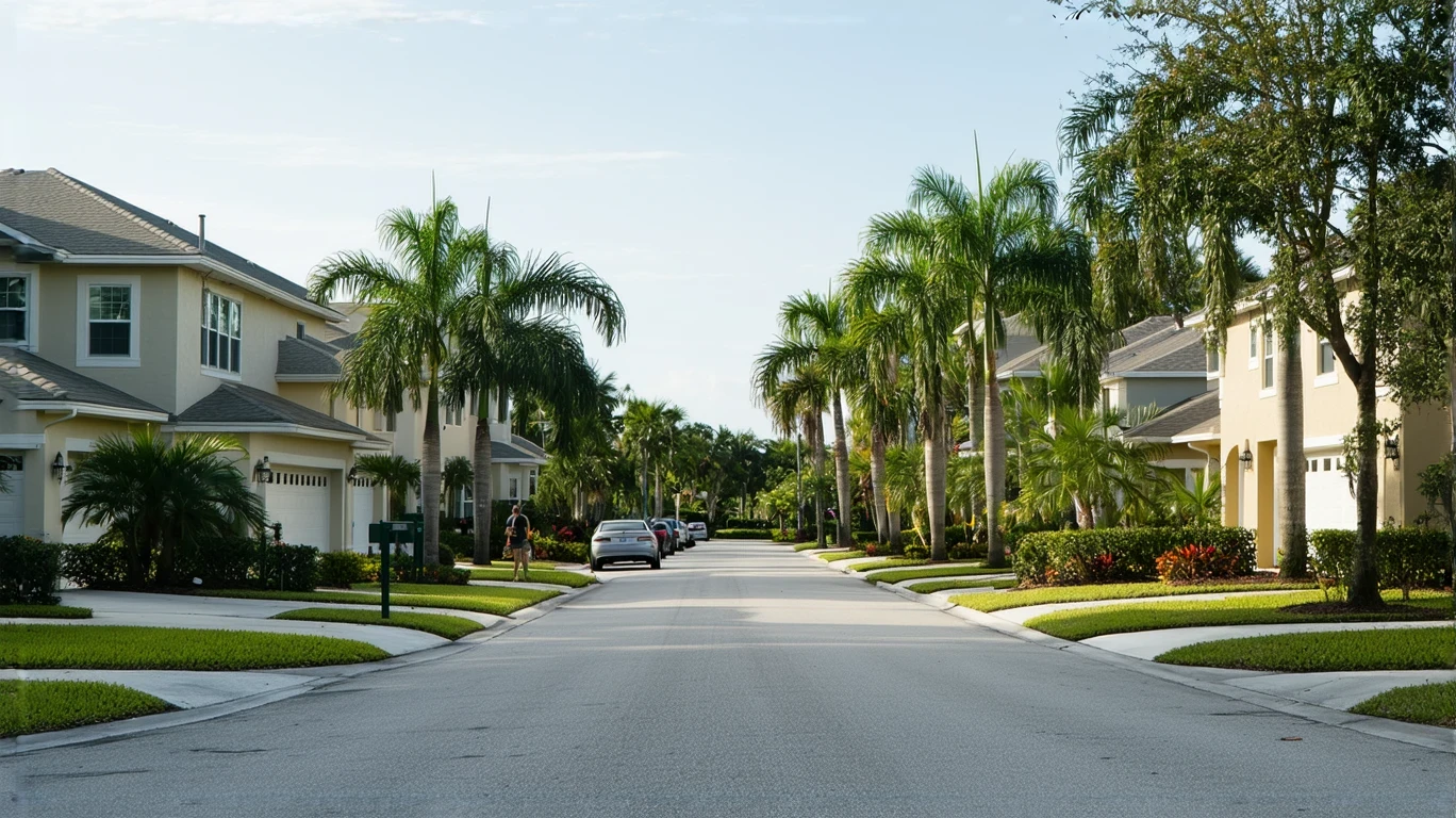 A quiet residential street in Palm Harbor, Florida with pastel stucco homes, palm trees, and parked cars.