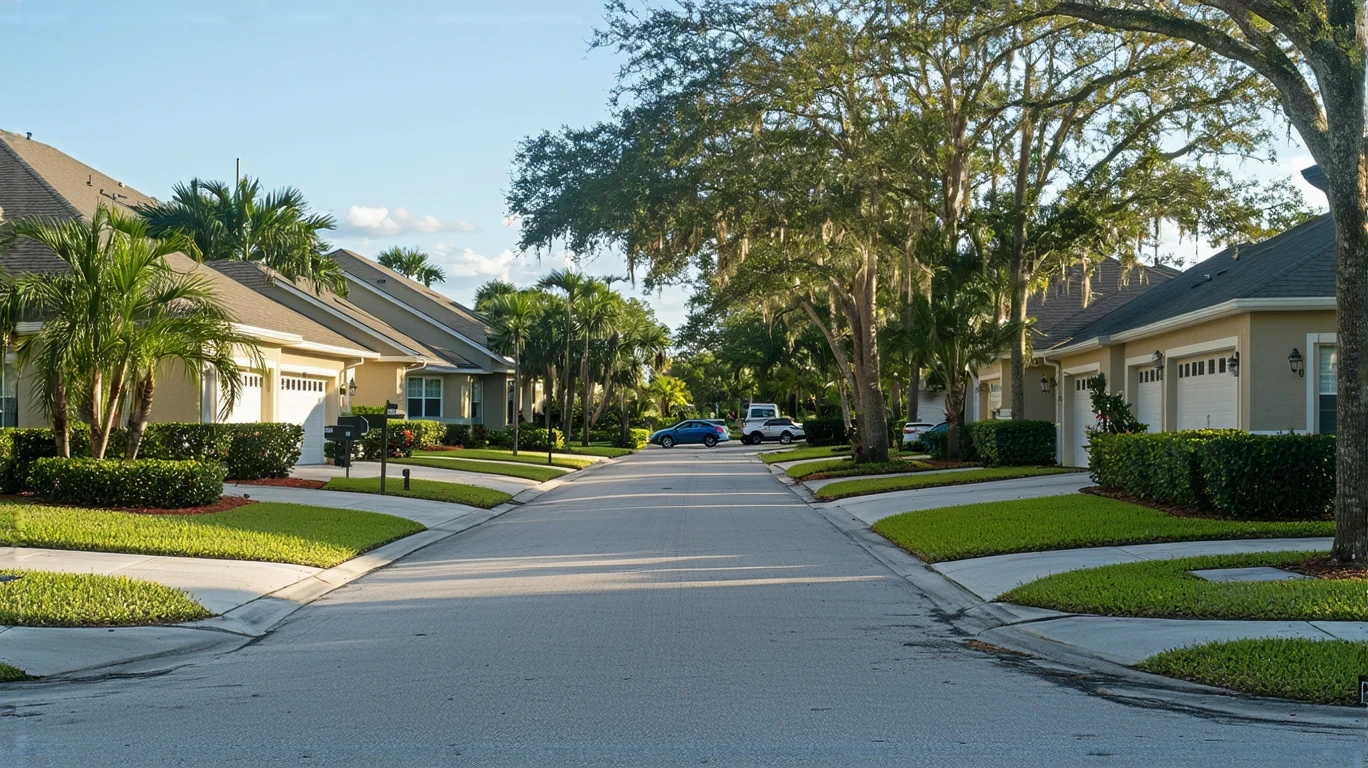 A sunny street in a residential neighborhood of Palm Harbor, Florida, showing a few stucco homes with tile roofs and palm trees.