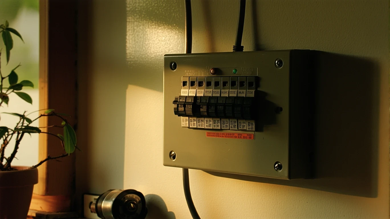 A labeled household fuse box illuminated by a flashlight in a dimly lit room.