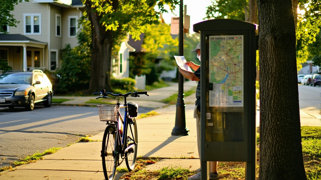 A person reading a transit map on a kiosk while their bike rests nearby on a residential sidewalk.