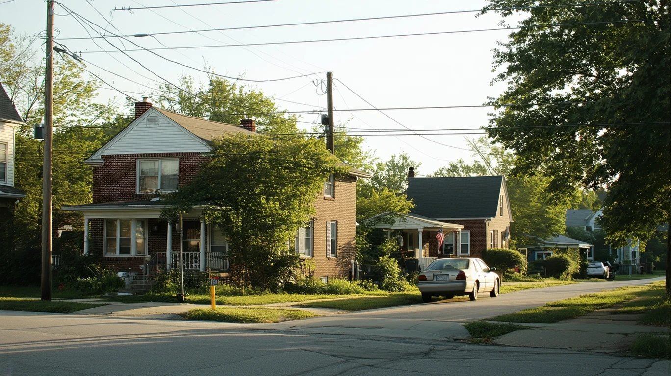 A quiet residential street corner in a small town on a sunny day, with modest homes, patchy lawns, and an old car parked on the curb.