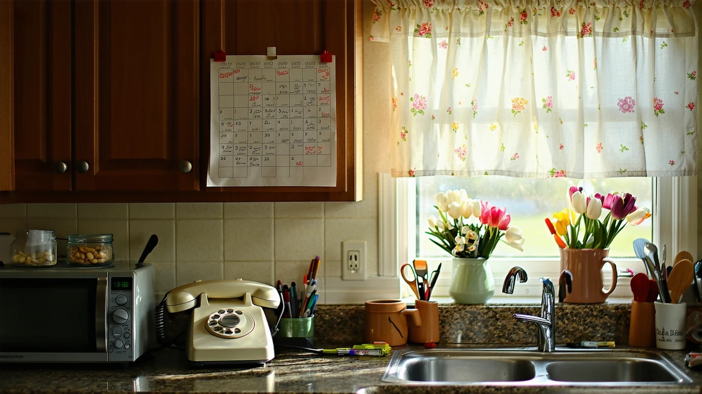 A calendar with circled payment dates hangs in a sunlit suburban kitchen.