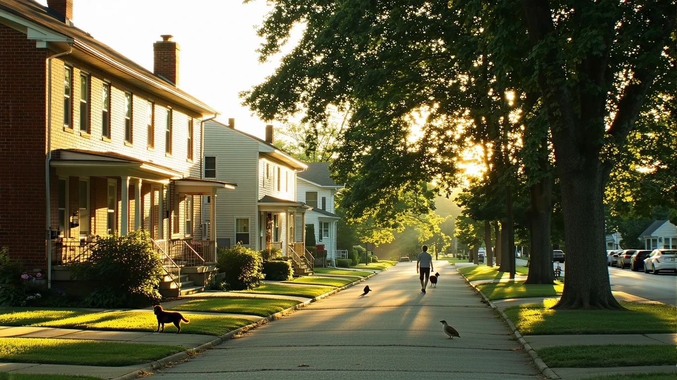 A tree-lined residential street in Paris, Kentucky just after sunrise, with modest one-story homes and a person walking a dog.