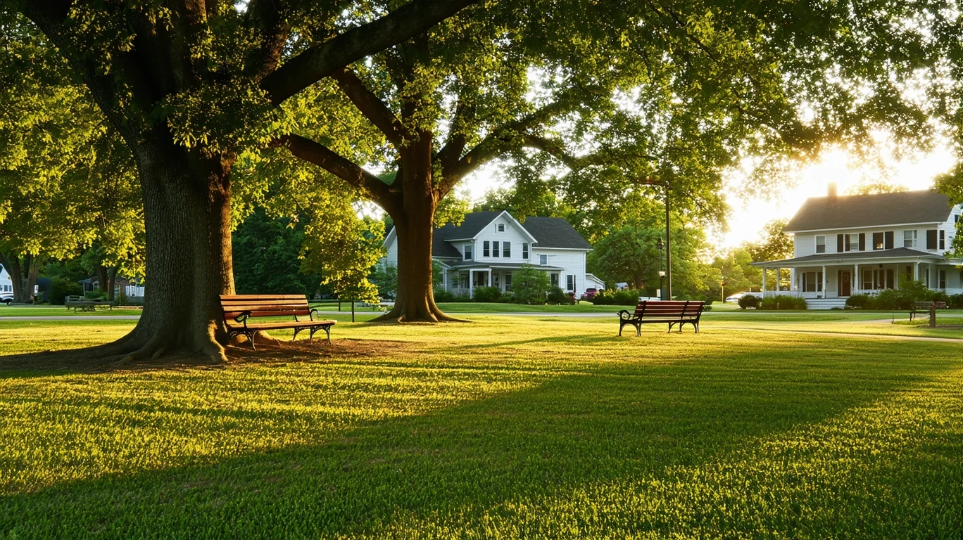 A peaceful park lawn with old oak trees and empty benches in golden-hour light.