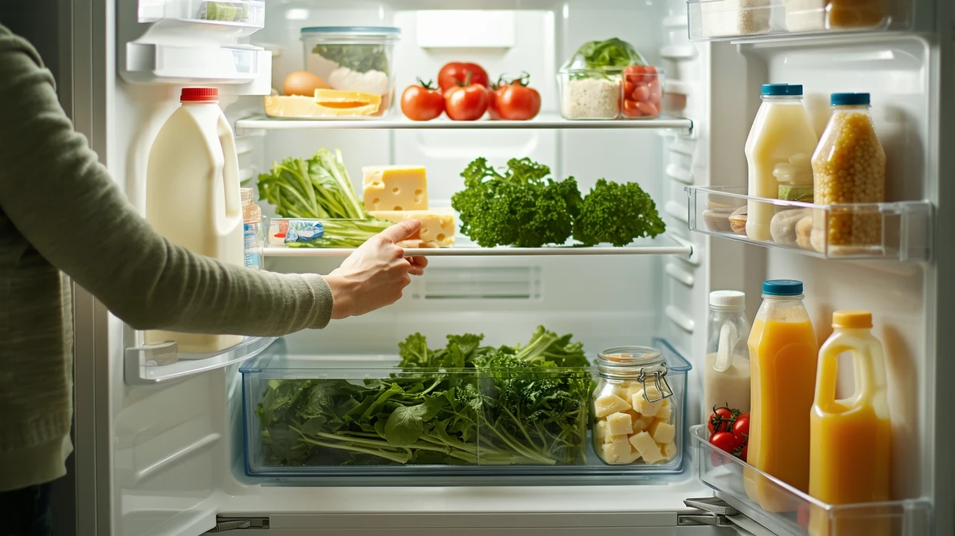 An open refrigerator stocked with groceries like milk, eggs, and produce.