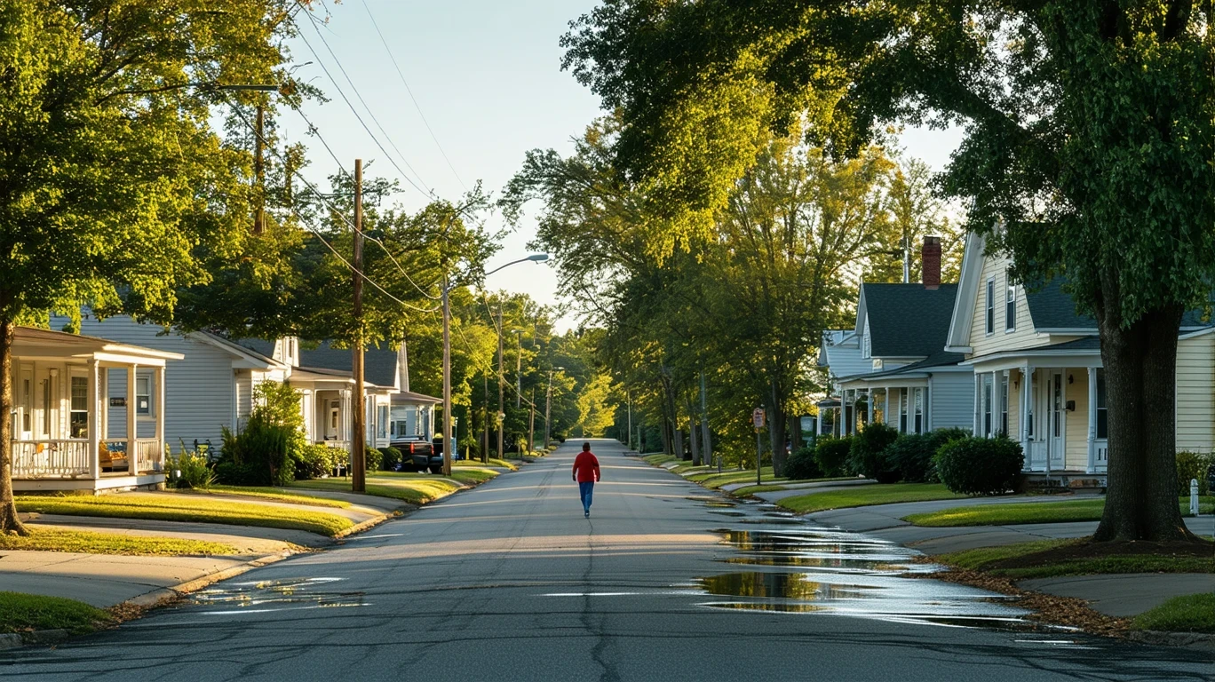 A person walking along the sidewalk of a quiet residential street lined with small homes and palm trees, with wet pavement reflecting the trees and sky.
