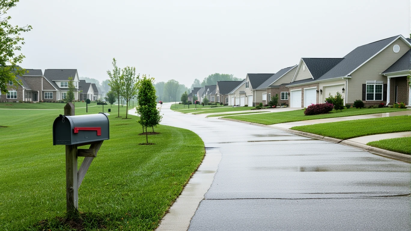 A curving sidewalk passing gray mailboxes and neat lawns in front of ranch homes, with wet pavement under a cloudy sky.