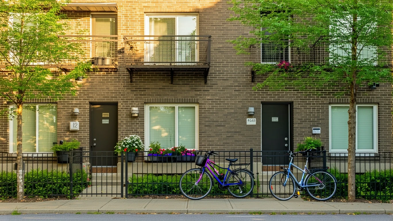 Exterior view of a small apartment building with potted plants and bicycles in Paris, Kentucky.