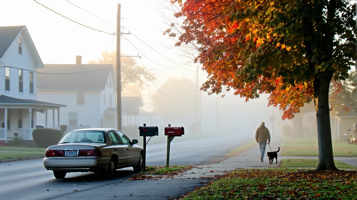 A foggy residential street in Paris, Kentucky with an old car parked under a maple tree and a person walking their dog in the distance.