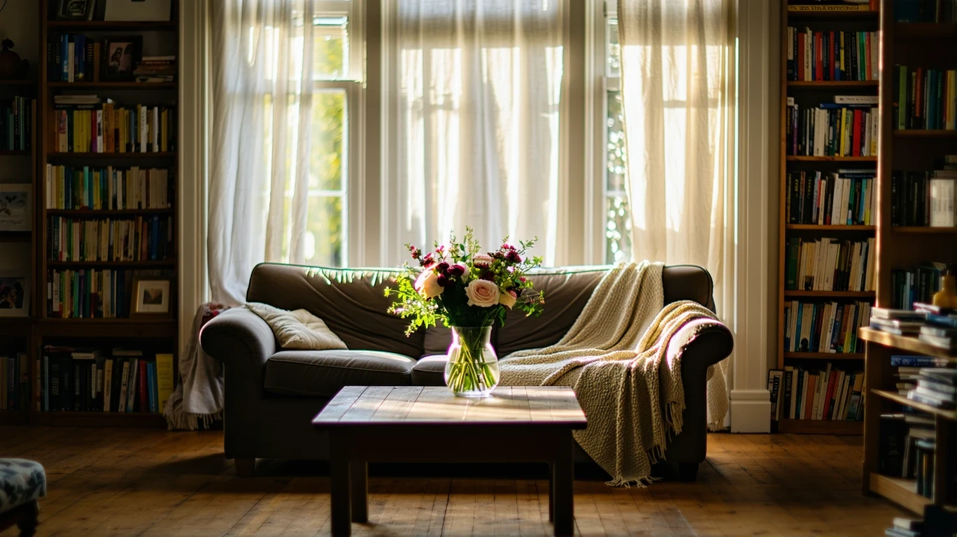Sunlight streams into a simply furnished living room with a couch, bookshelf, hardwood floors and a vase of flowers in Versailles, Kentucky.