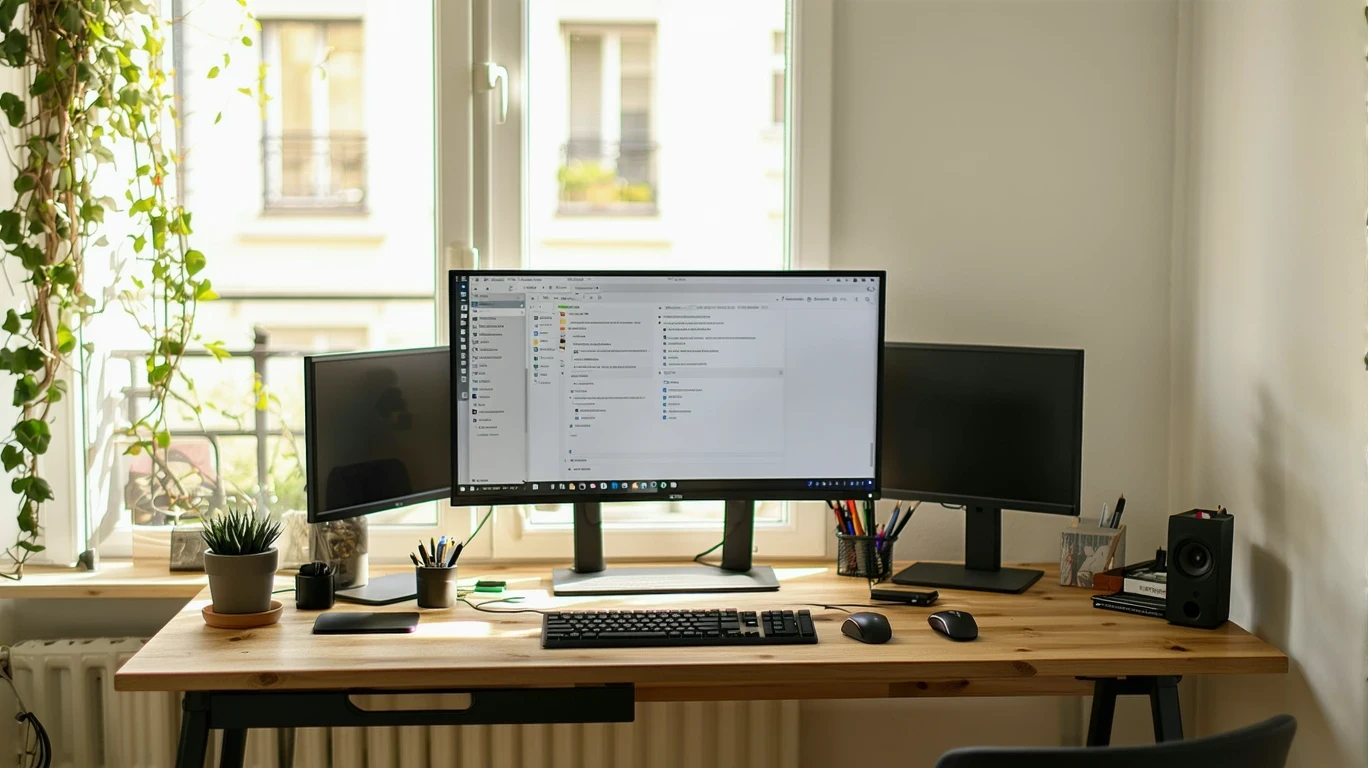A home office desk with a dual monitor computer setup and some cord clutter.