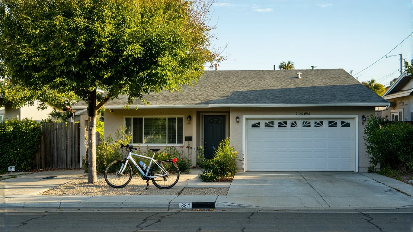 Exterior view of a modest single-family home in Perris, California with a bicycle on the front porch.