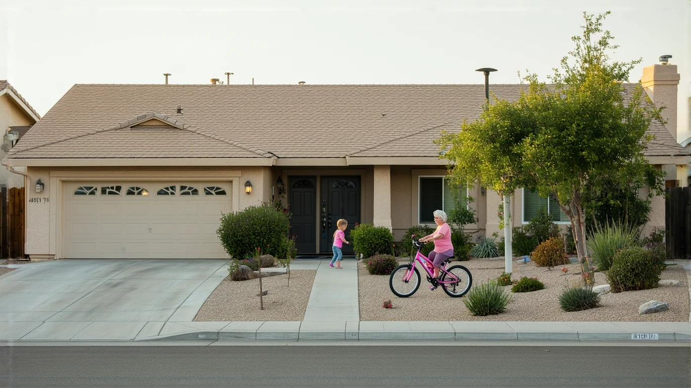 An older woman sits on her porch, smiling at a young girl riding a bike on the sidewalk in front of a modest stucco home with a well-kept yard.