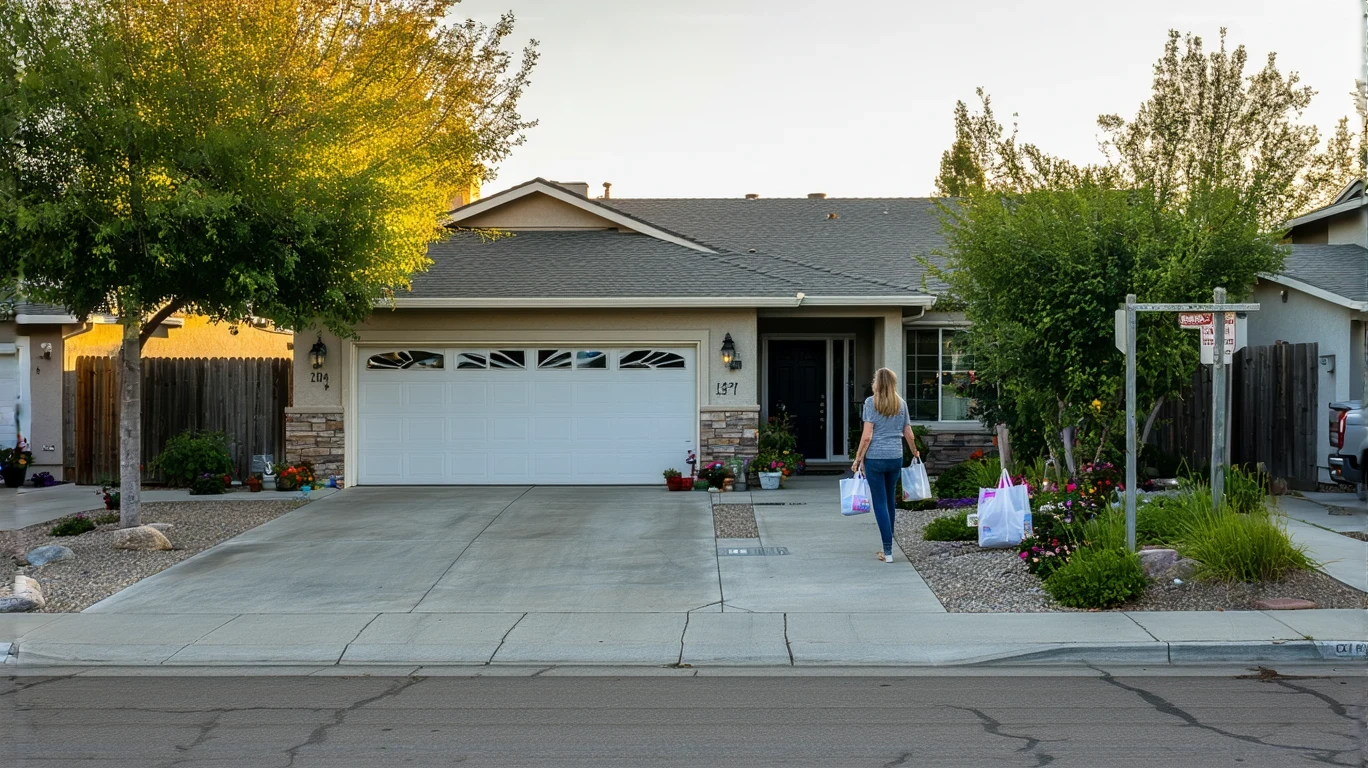 Woman unloading groceries from car in driveway of suburban home with landscaped yard