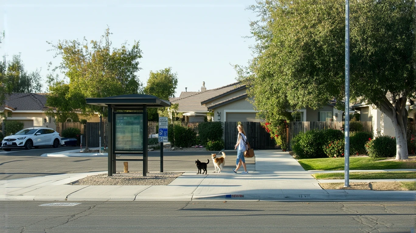 A bus stop shelter on a residential corner in Perris, California, with a small house across the street and a woman walking her dog nearby.