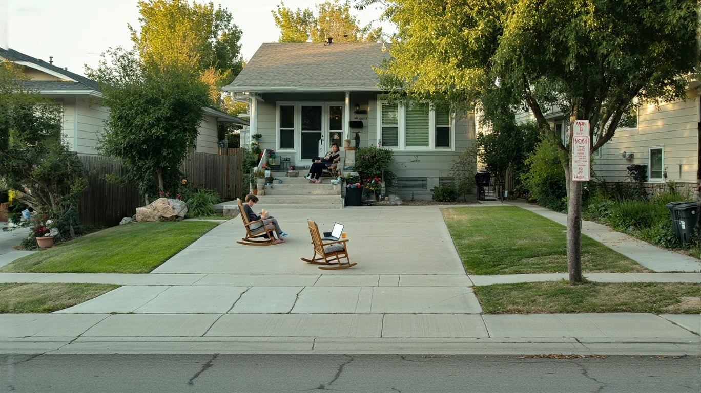 Person sitting on front porch of a house, working on a laptop
