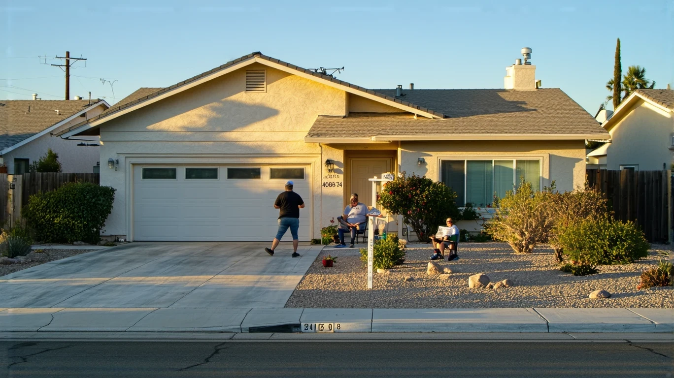 Modest single-family home with small yard and driveway in Perris, California. Person sitting on front porch reading newspaper.