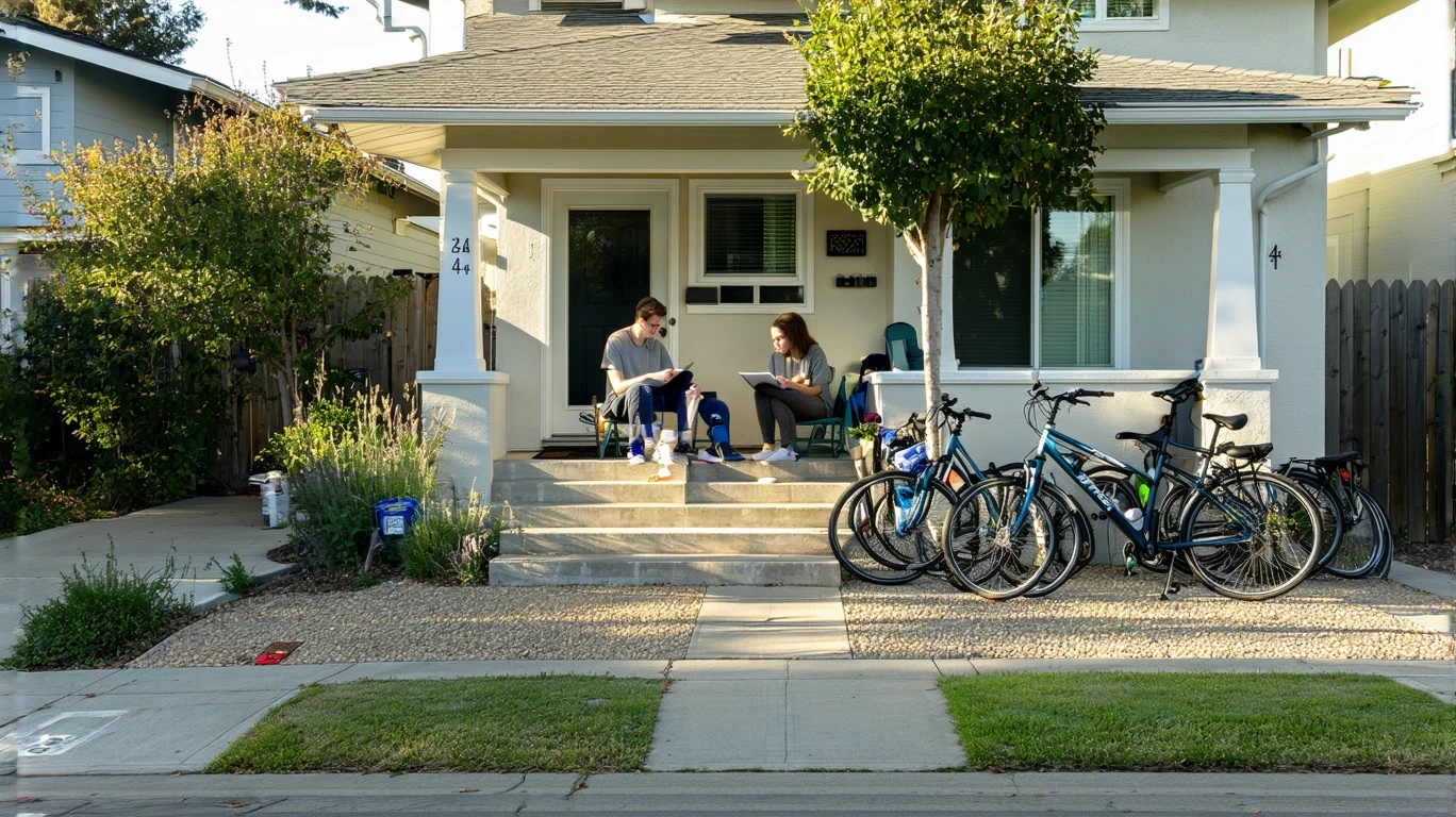 Couple reviewing paperwork while sitting on front porch steps of small home