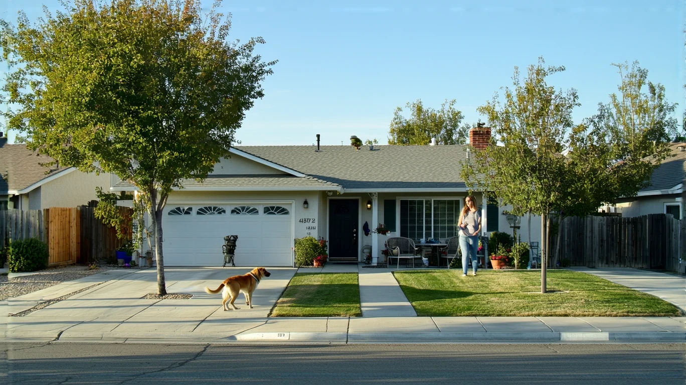 Exterior view of a single-story house in Perris, California with a woman walking her dog on the sidewalk in front.
