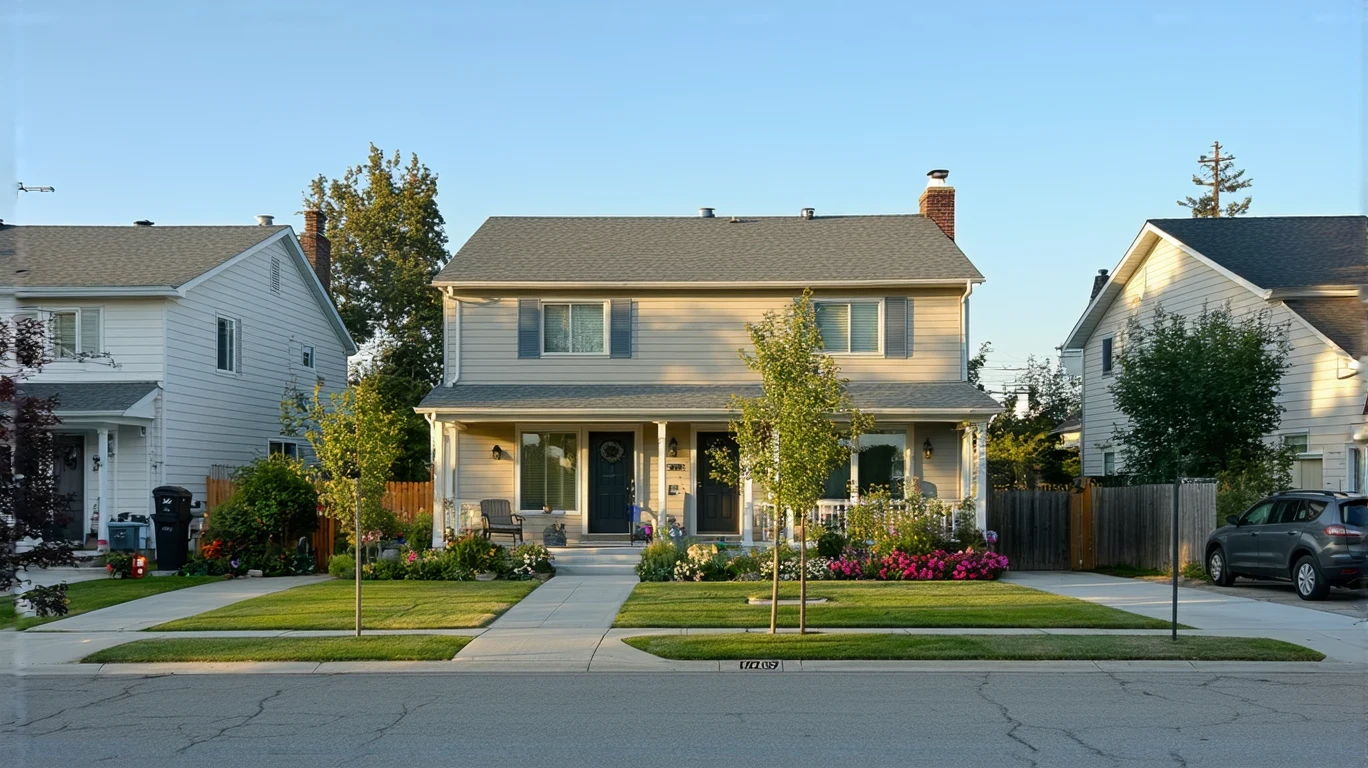 Suburban home with woman walking dog on sidewalk in front yard