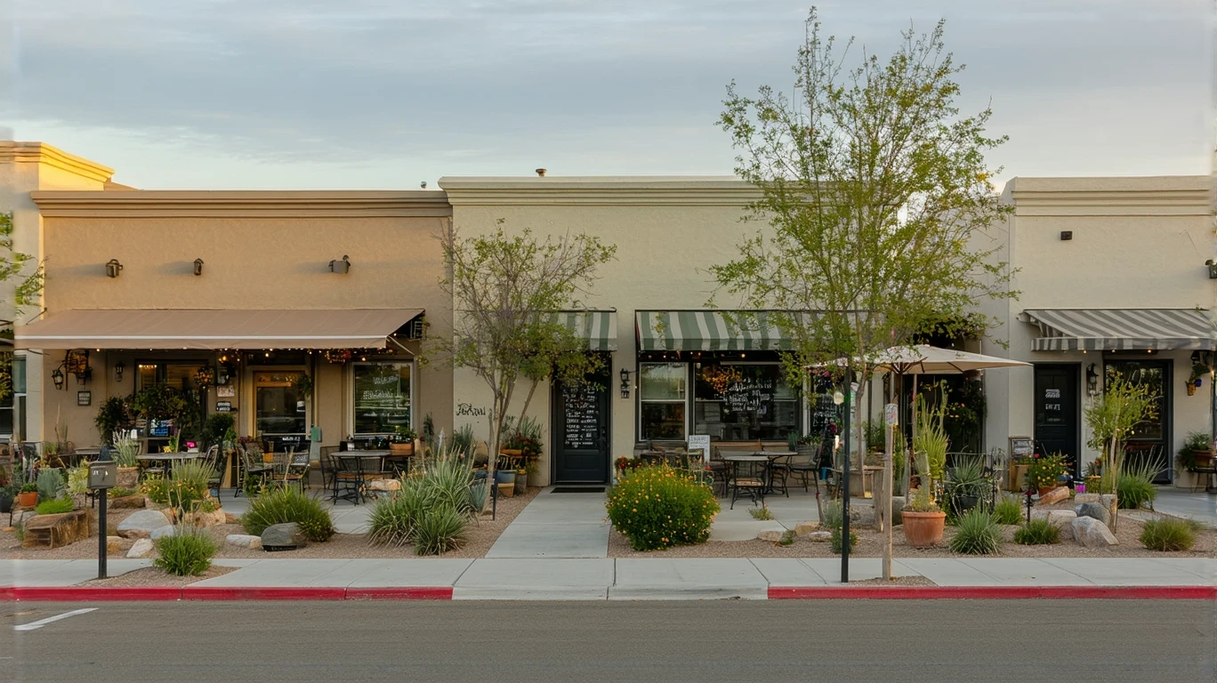 Storefronts and patios along a neighborhood street in Perris at dusk