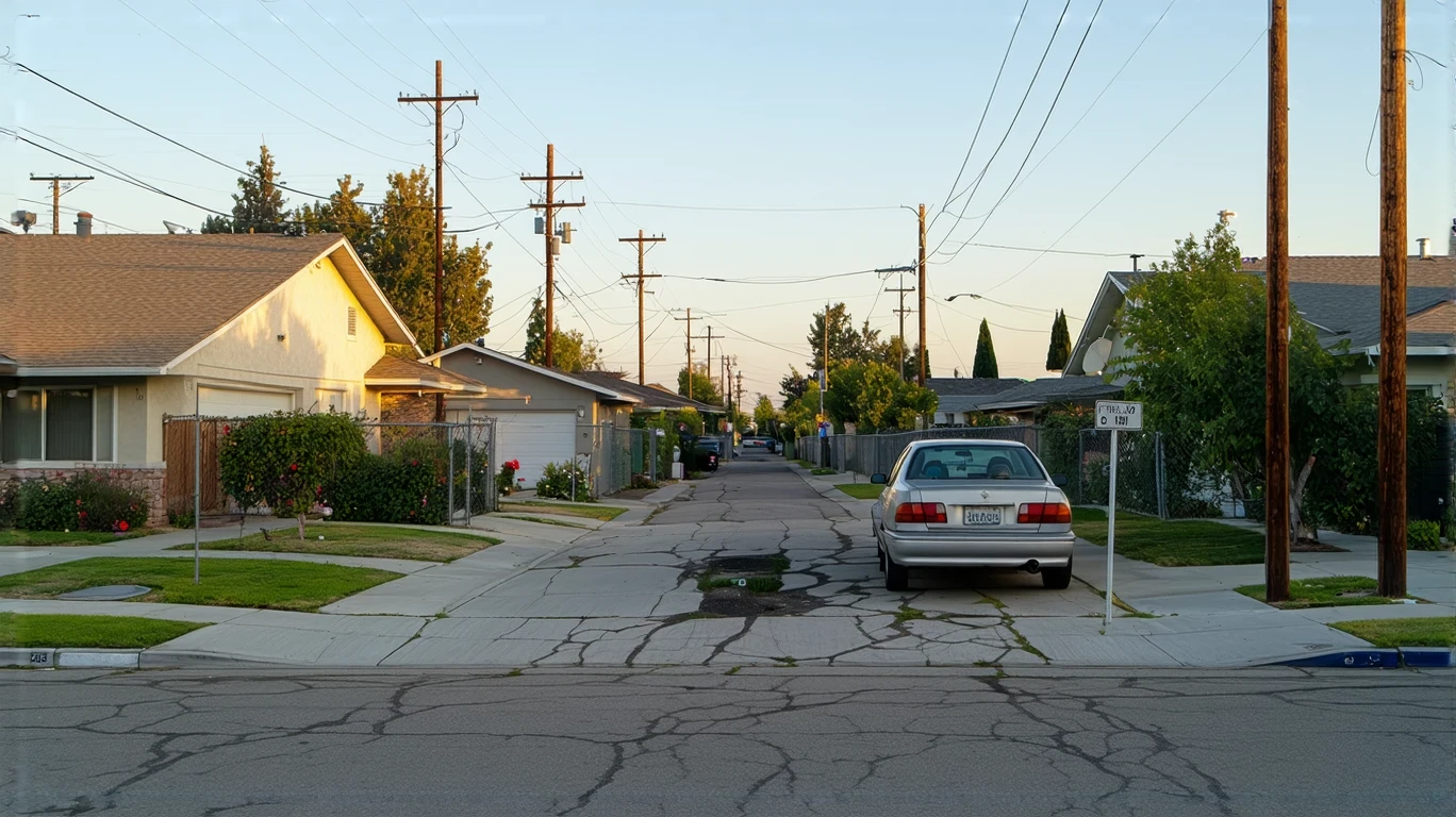 A residential street corner in Ontario with parked car and overhead power lines