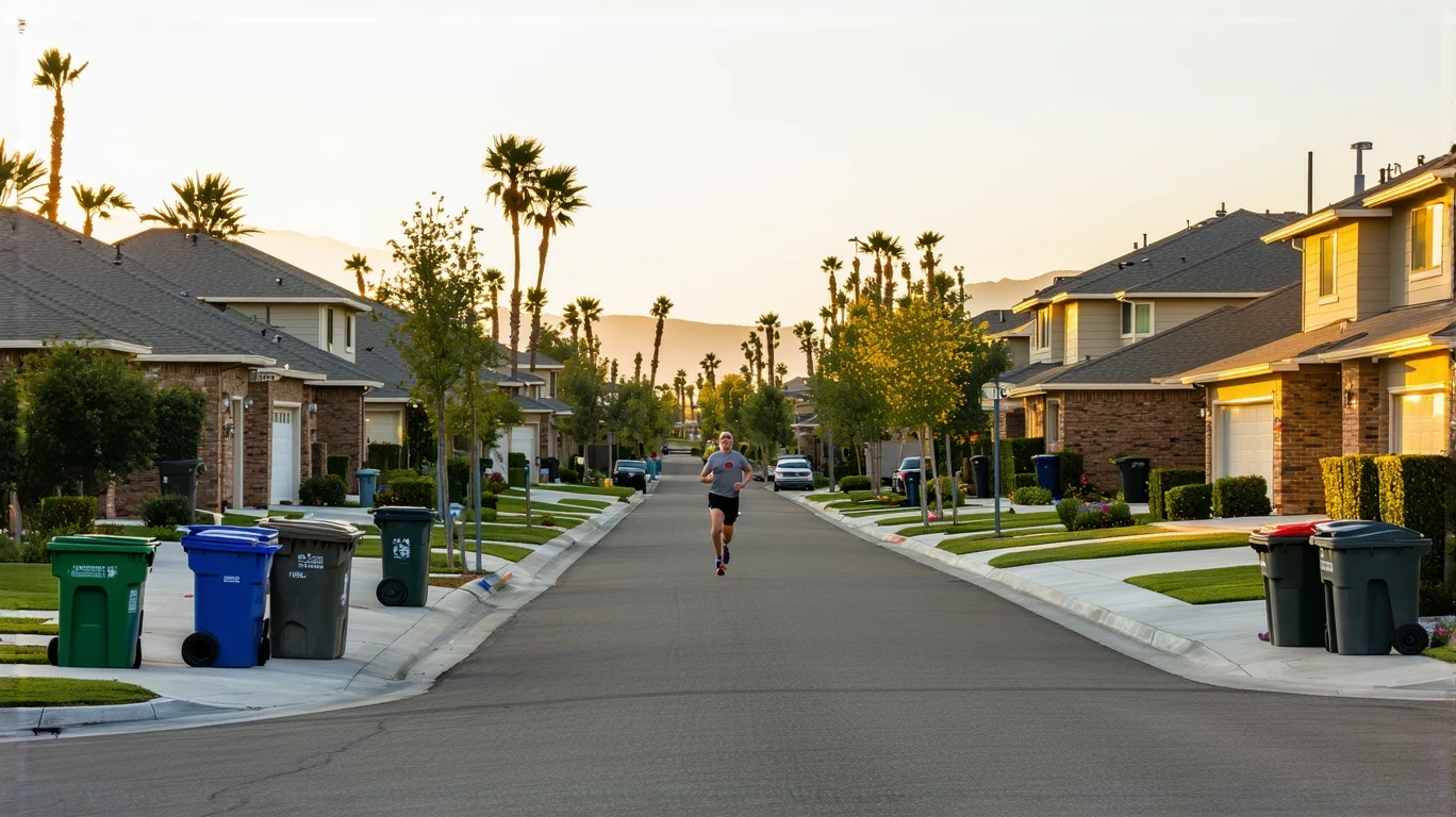 A jogger runs past a row of red-brick homes in a quiet Perris, CA neighborhood in the morning.