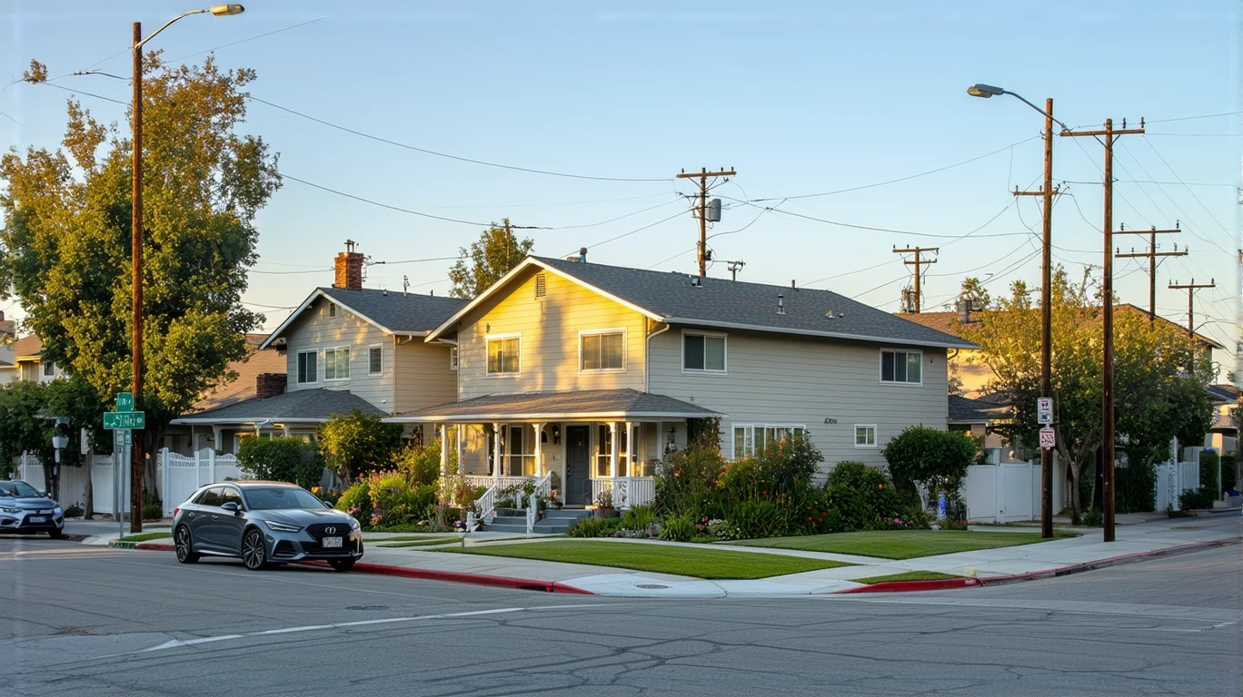 Older craftsman homes and a parked car on a residential corner in Riverside, CA.