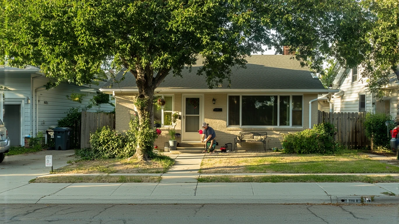 Man watering plant on porch of modest single-story home with shade tree in Perris, California