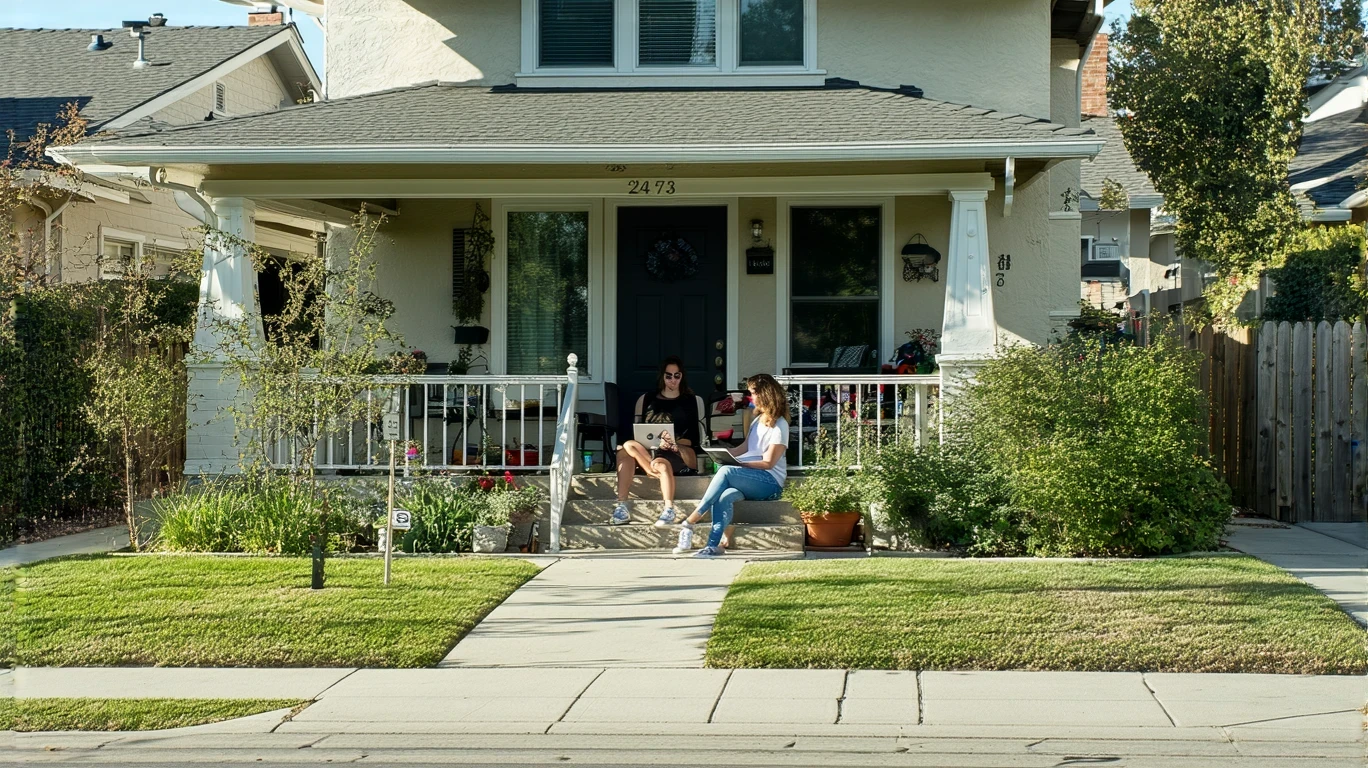 Modest home with woman working on laptop on front porch