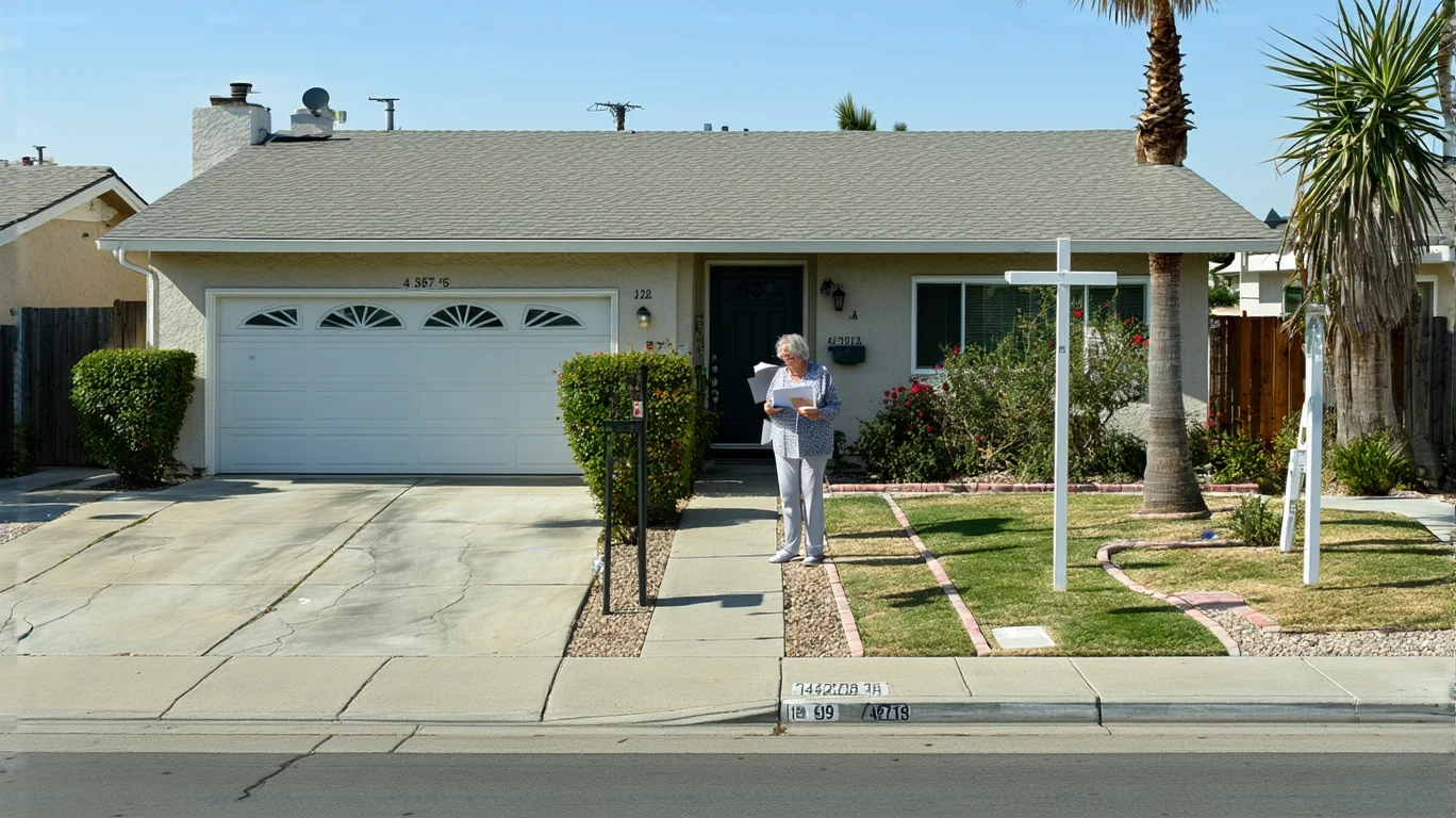 Woman standing on porch of suburban home, looking concerned while holding a bill or statement.