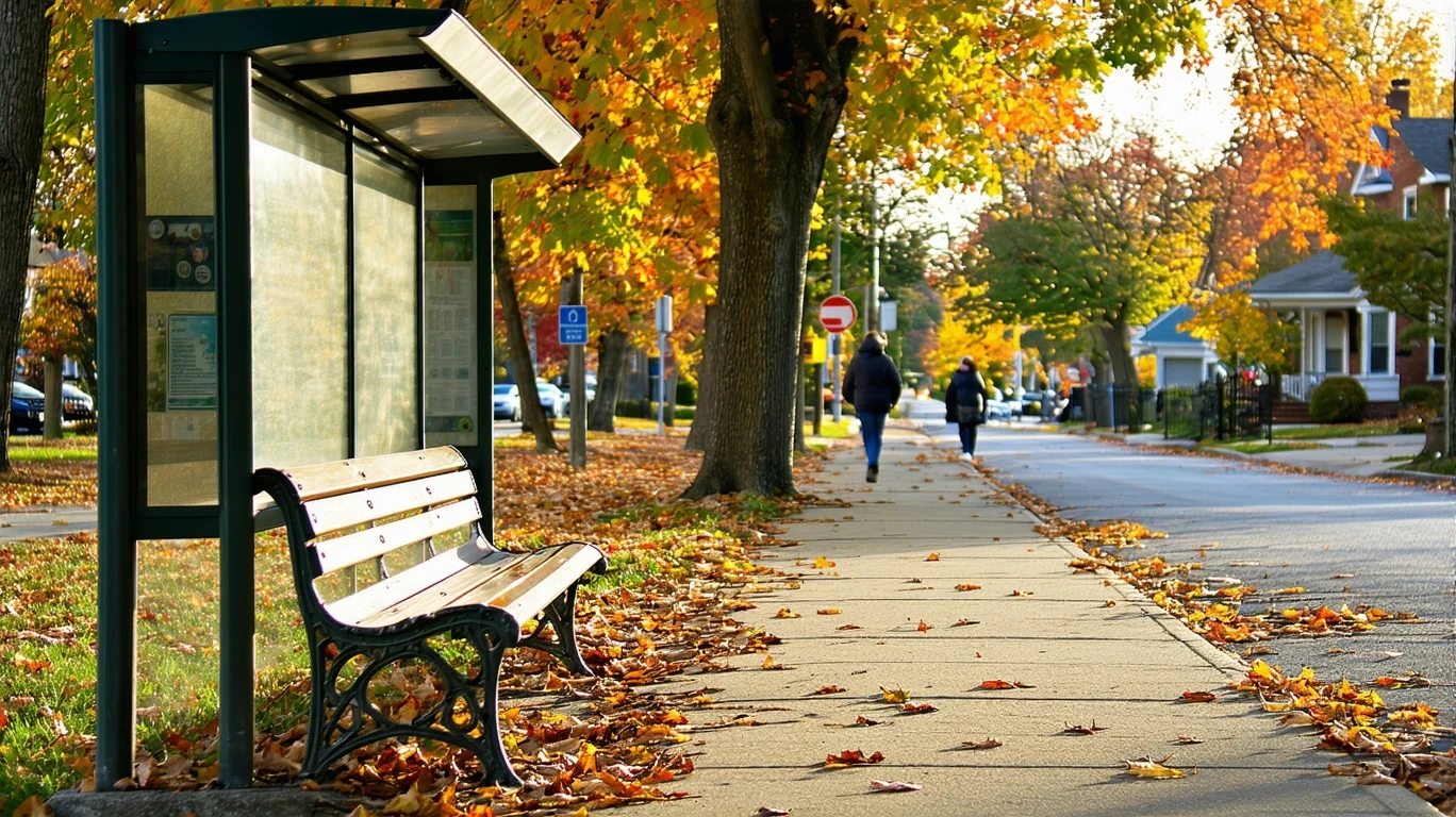 An empty wooden bench at a suburban bus stop surrounded by fallen autumn leaves on the sidewalk.