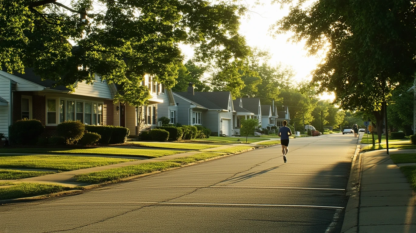 Quiet residential street in Plainfield, IN at sunrise with modest one-story homes and leafy trees casting long shadows.
