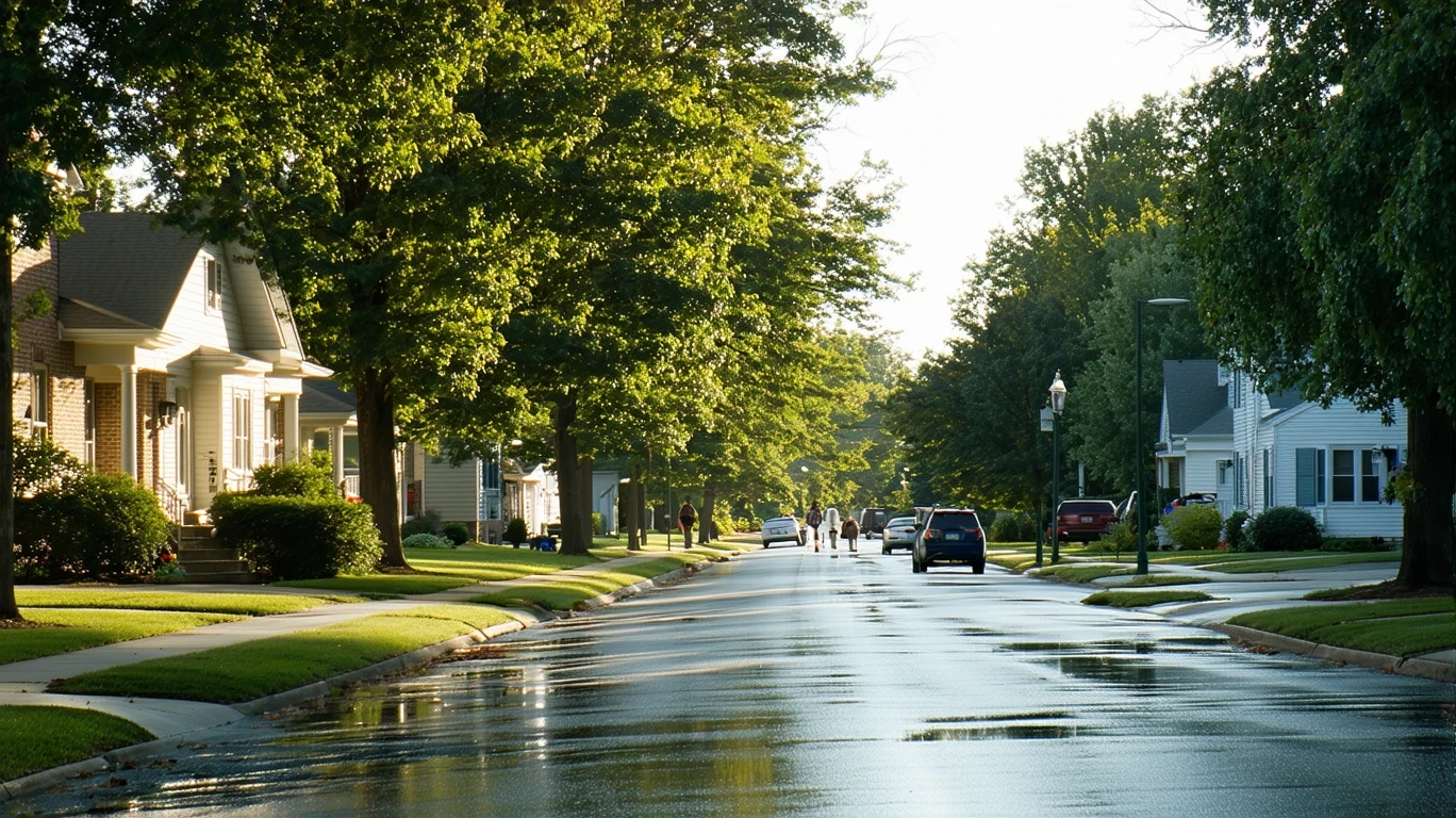 A tree-lined street in Plainfield, Indiana with palm trees reflected in puddles on the sidewalk.