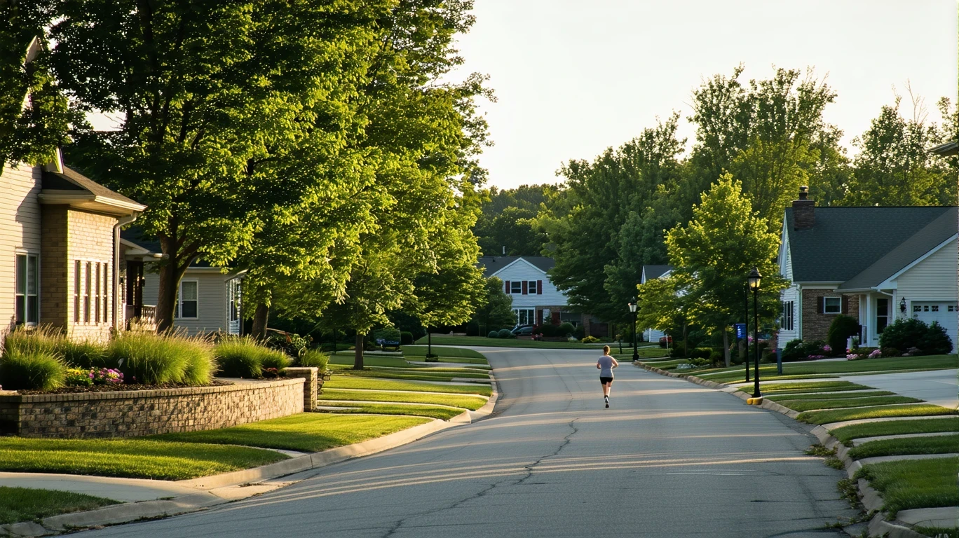 A tidy suburban cul-de-sac lined with modest homes and native landscaping on a clear morning, with one jogger in the distance.