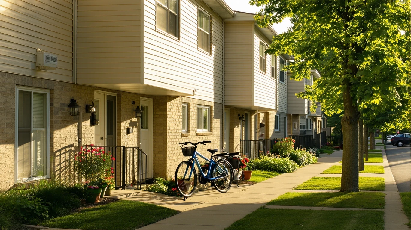 A row of apartment buildings with bicycles parked outside on a sunny day in a suburban neighborhood.