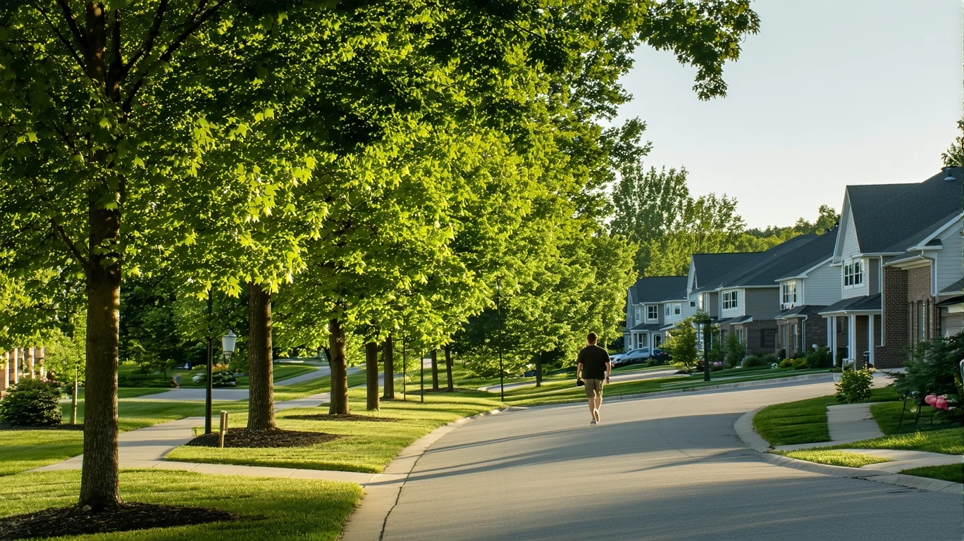 A tree-lined suburban sidewalk curving past single-family homes on a sunny day.