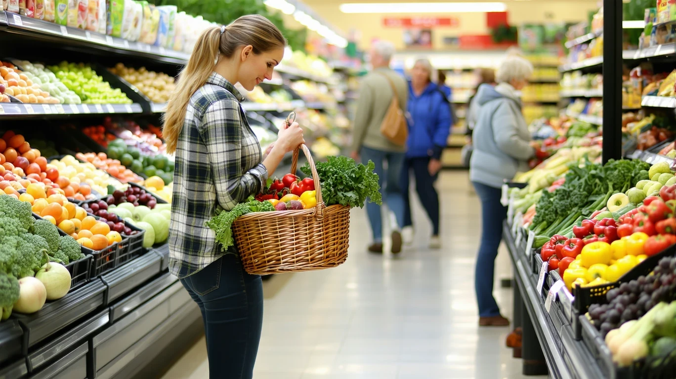 A woman shopping for produce in a grocery store aisle, holding a basket and comparing prices.