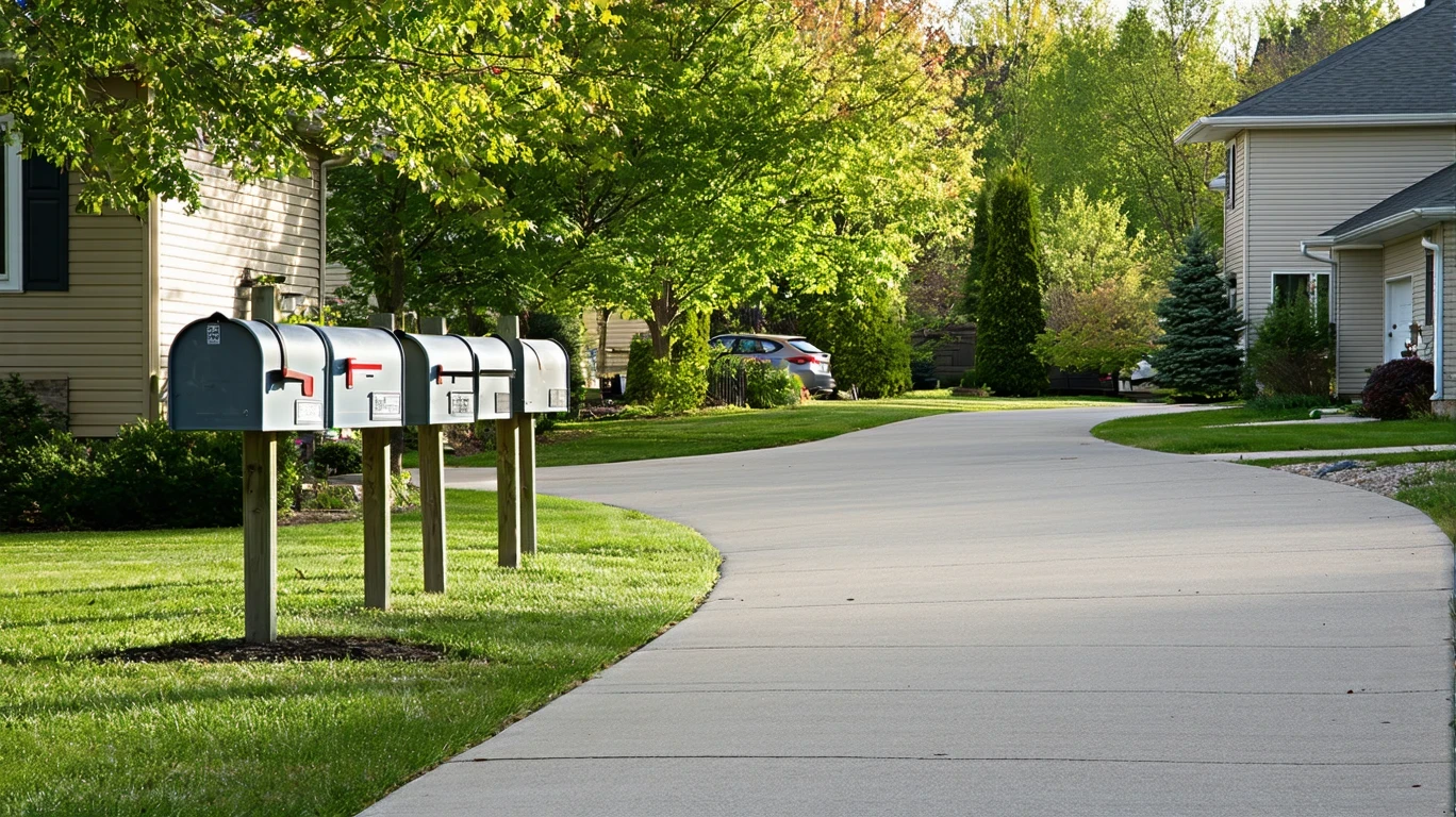A suburban sidewalk curving past a row of gray metal mailboxes on a sunny fall day.