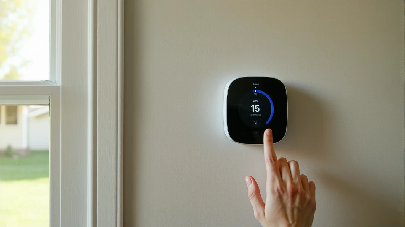 A hand adjusting the temperature on a smart thermostat mounted in a residential hallway.