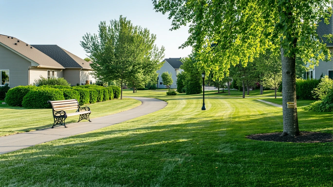 A suburban neighborhood park in Plymouth, MN with a path, bench, and houses visible.