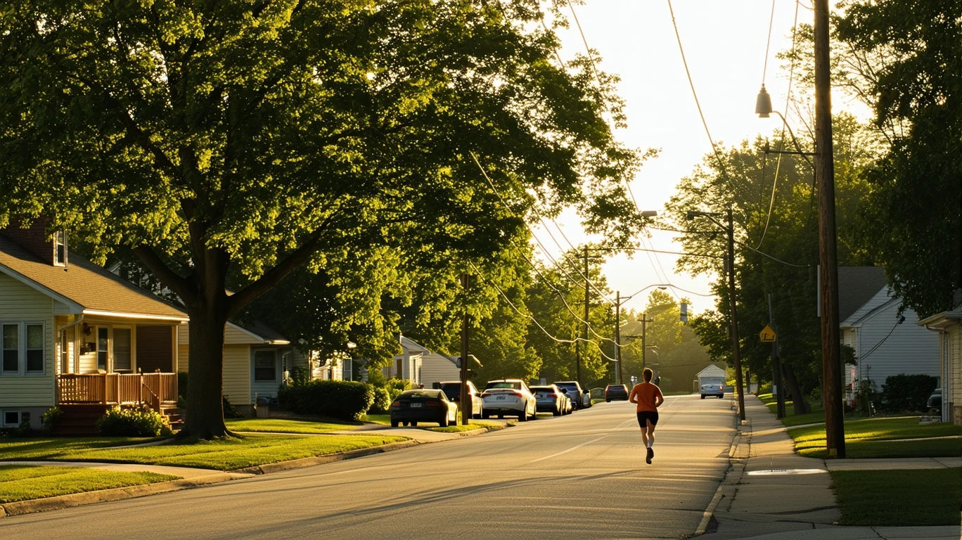 A residential street in Brooklyn Park, MN with sunlight through trees, utility wires, and a jogger.