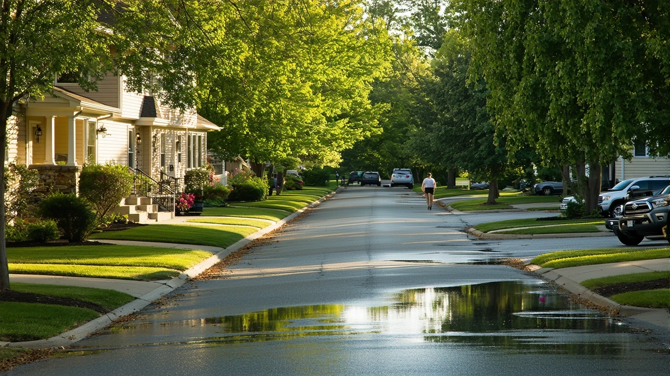 A tree-lined suburban street in Plymouth, Minnesota with wet asphalt and reflections of palm trees in puddles after a rain shower.